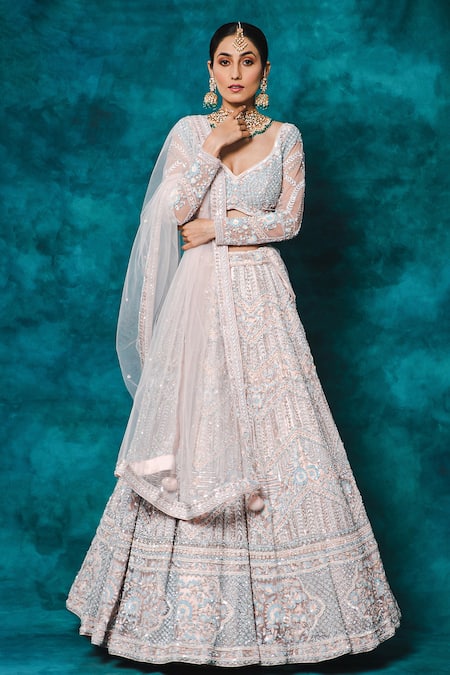 Mehar_Pink Net Sequins, Cut Work Sweetheart Floral Hand Embroidered Bridal Lehenga Set _Online_at_Aza_Fashions