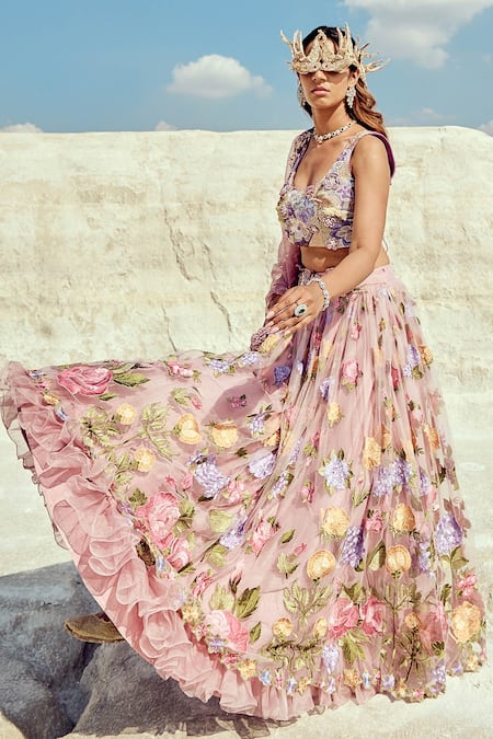 Nikita Vishakha_Purple Net, Jacquard Embroidery, Pearls Round Neck Zardozi Bridal Lehenga Set _Online_at_Aza_Fashions