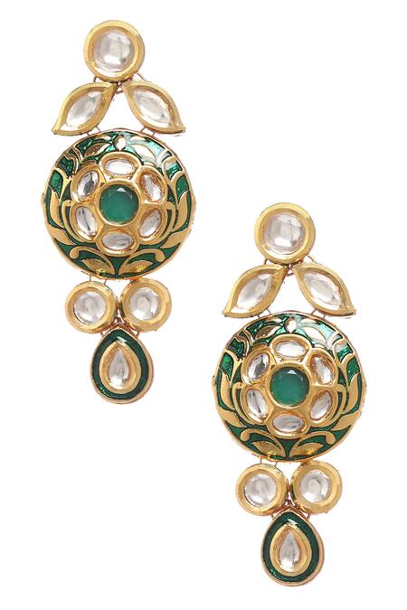 Buy_Minaki_Green Metallic Thread, Diamonds Meenakari Work Necklace Set_Online_at_Aza_Fashions