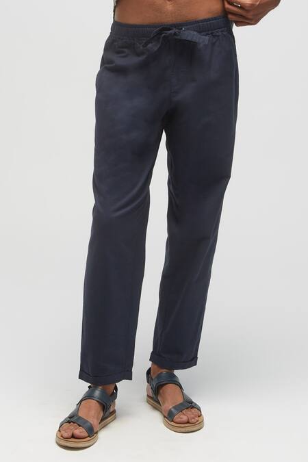 Terra Luna_Blue 100% Organic Handloom Oxford Cotton Solid Drawstring Pant_Online_at_Aza_Fashions