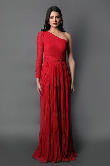 Swatee Singh_Red Georgette One Shoulder Ruched Gown _Online_at_Aza_Fashions