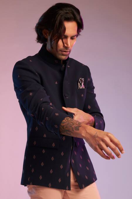 S&N By Shantnu Nikhil Blue Lycra And Viscose, Nylon Thread Embroidered Bandhgala Online at Aza Fashions S&N By Shantnu Nikhil_Blue Lycra And Viscose, Nylon Thread Embroidered Bandhgala_Online_at_Aza_Fashions