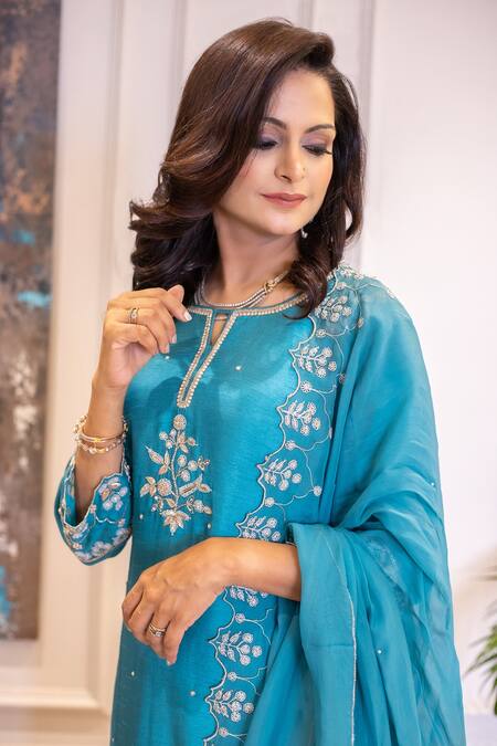 Geetika Jain_Blue , Organza Diamonds, Embroidery, Dori Teal Kurta Palazzo Set _Online_at_Aza_Fashions