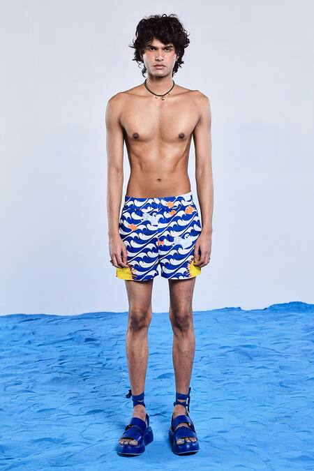 Triune_Blue Dobby Printed Digital Sea Border Shorts _Online_at_Aza_Fashions