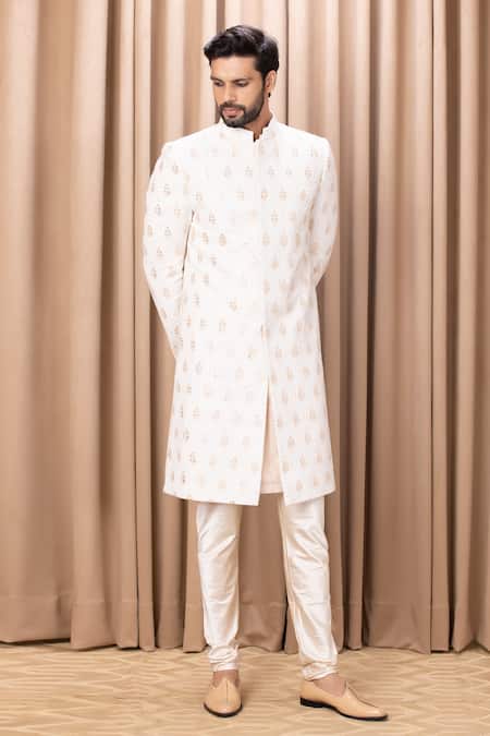 Ankit V Kapoor_Ivory Silk, Cotton Embroidery Fahad Leaves Sherwani Set_Online_at_Aza_Fashions