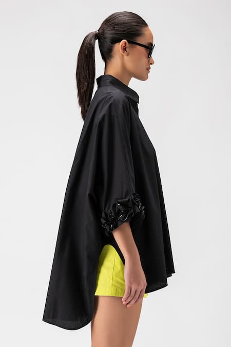 Genes Lecoanet Hemant_Black Cotton Embroidery Collared High Low Hem Shirt_Online_at_Aza_Fashions