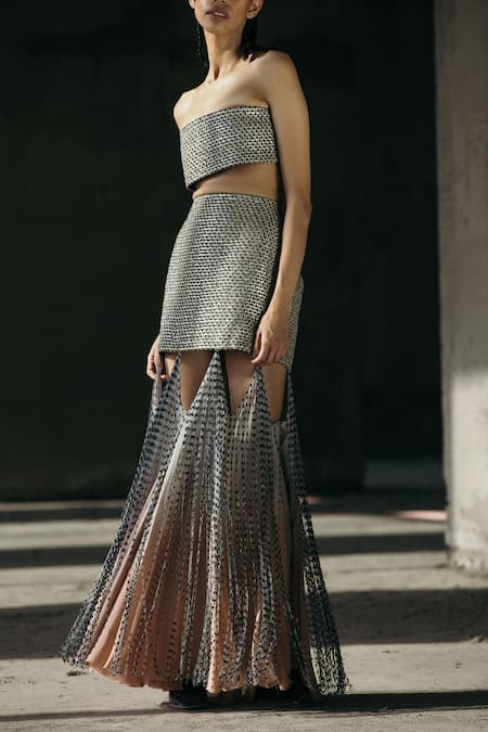 Akhl_Gold Silk, Leather, Viscose Embroidery Bandeau Neck Woven Metallic Bustier _Online_at_Aza_Fashions