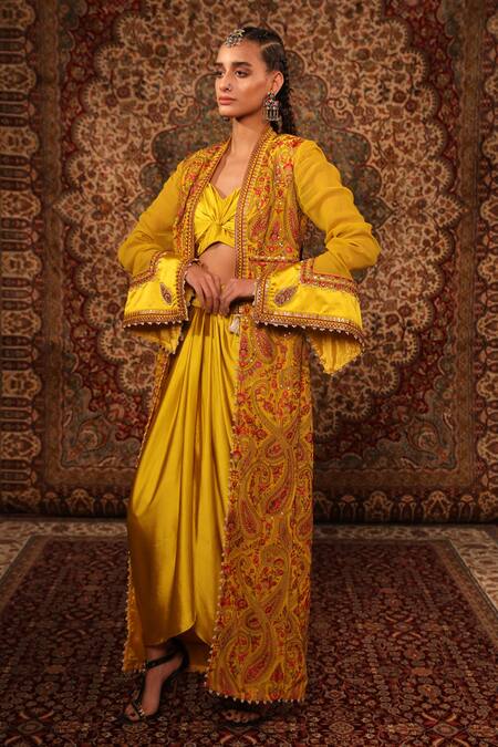 Aditi Gupta_Yellow Satin Woven And Embroidered Jamawar Pattern Kashida Work Draped Skirt Set _Online_at_Aza_Fashions