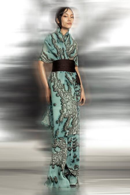 Abhishek Sharma Green Polyester Embroidery Off-shoulder Reef Print Draped Top Online at Aza Fashions Abhishek Sharma_Green Polyester Embroidery Off-shoulder Reef Print Draped Top _Online_at_Aza_Fashions