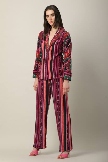 Limerick By Abirr N' Nanki Multi Color Crepe Collared Niro Stripe Print Jacket Online at Aza Fashions Limerick By Abirr N' Nanki_Multi Color Crepe Collared Niro Stripe Print Jacket _Online_at_Aza_Fashions