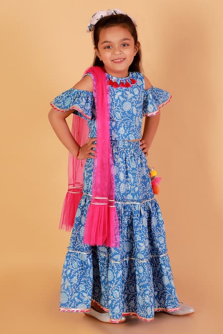 Lil Drama Blue Cotton Tassels Jaipuri Floral Print Lehenga Set Online at Aza Fashions Lil Drama_Blue Cotton Tassels Jaipuri Floral Print Lehenga Set _Online_at_Aza_Fashions