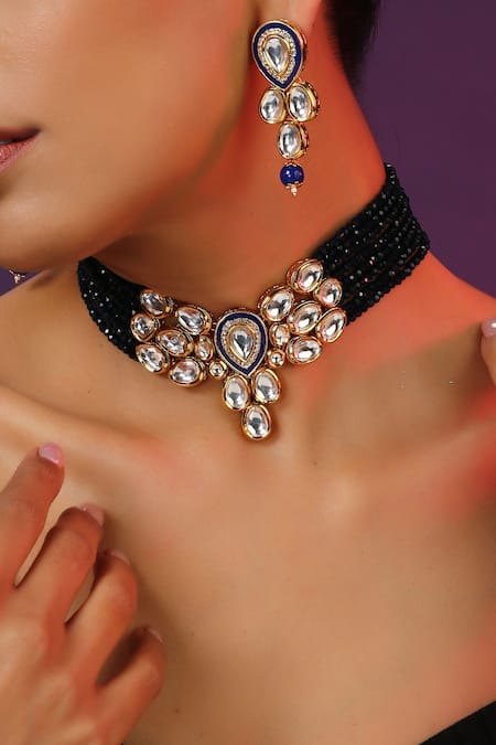 Swabhimann_Blue Diamonds, Stones Kundan Studded Layered Necklace Set _Online_at_Aza_Fashions