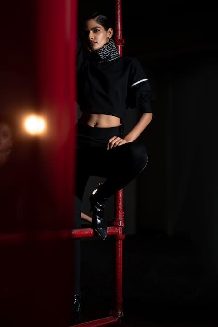 Pocketful Of Cherrie_Black Polyester Embroidery High Neck Ponte Full-sleeve Crop Top_Online_at_Aza_Fashions