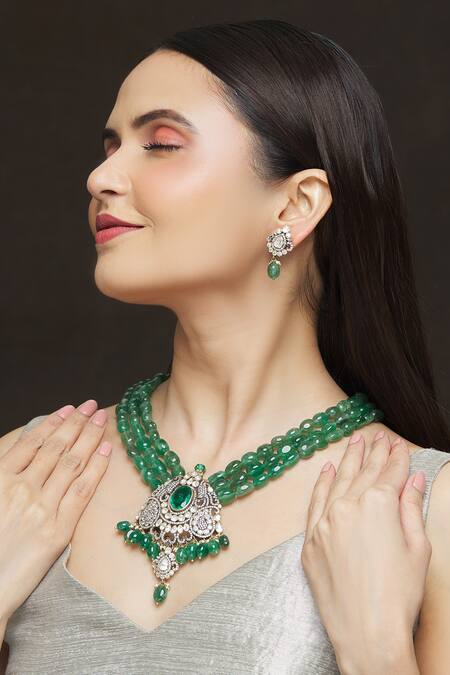 Ivorine Gold Plated Embellished Polki Pendant Necklace Set Online at Aza Fashions Ivorine_Gold Plated Embellished Polki Pendant Necklace Set _Online_at_Aza_Fashions