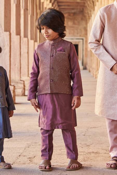 Shop All Boy Couture Maroon Cotton, Silk Sequins, Embroidery Bundi Kurta Set at Aza Fashions Shop_All Boy Couture_Maroon Cotton, Silk Sequins, Embroidery Bundi Kurta Set _at_Aza_Fashions