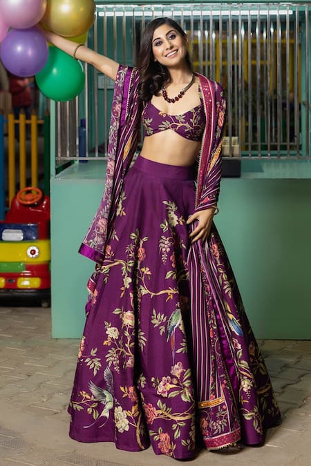 Irrau By Samir Mantri Purple Denim, Chiffon Sequins, Gota Patti, Tropical Vine Print Lehenga Set Online at Aza Fashions Irrau By Samir Mantri_Purple Denim, Chiffon Sequins, Gota Patti, Tropical Vine Print Lehenga Set _Online_at_Aza_Fashions