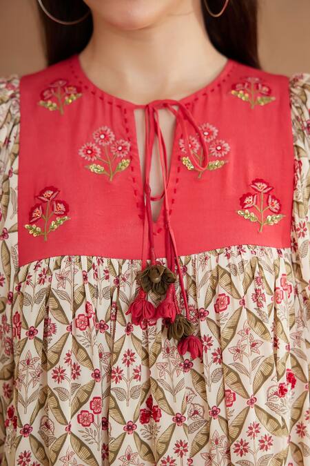 Nikasha_Red Viscose, Cotton Beads, Sequins Keyhole Yoke Embroidered Kurta And Pant Set _Online_at_Aza_Fashions