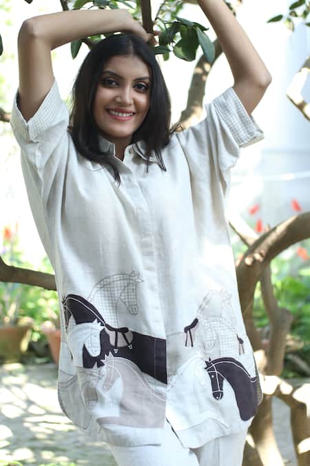Linen Bloom_Beige Linen Applique Collared Horse Motif Shirt _Online_at_Aza_Fashions