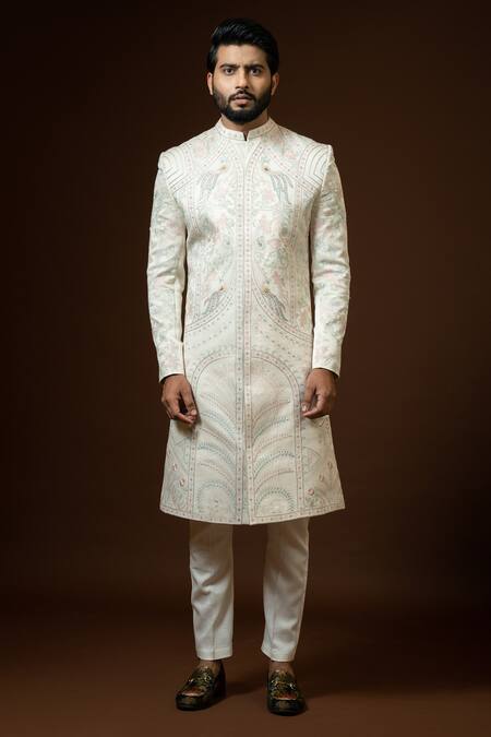 PAARSH Beige Silk, Cotton, Modal Embroidery Ekhtar Resham Sherwani Set Online at Aza Fashions PAARSH_Beige Silk, Cotton, Modal Embroidery Ekhtar Resham Sherwani Set _Online_at_Aza_Fashions