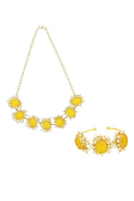 Ishhaara Yellow Pearls, Stones Embellished Necklace With Cuff Online at Aza Fashions Ishhaara_Yellow Pearls, Stones Embellished Necklace With Cuff _Online_at_Aza_Fashions