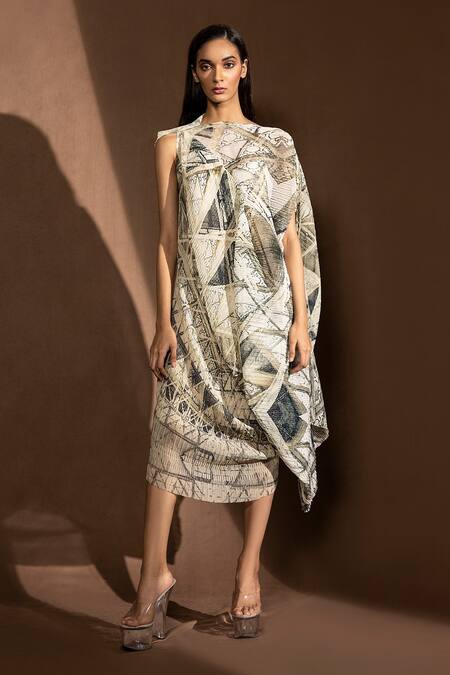 Abhishek Sharma White Poly Georgette Geometric Asymmetric Overlap Draped Dress Online at Aza Fashions Abhishek Sharma_White Poly Georgette Geometric Asymmetric Overlap Draped Dress_Online_at_Aza_Fashions