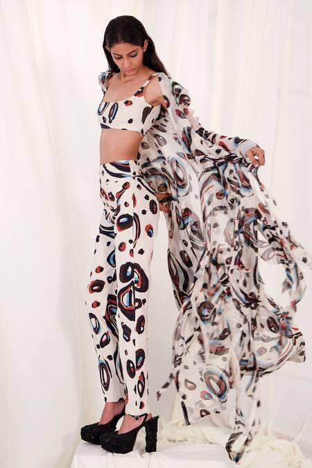 AK-OK White Cotton Mandarin Collar, Round Neck Abstract Print Jacket Pant Set Online at Aza Fashions AK-OK_White Cotton Mandarin Collar, Round Neck Abstract Print Jacket Pant Set _Online_at_Aza_Fashions