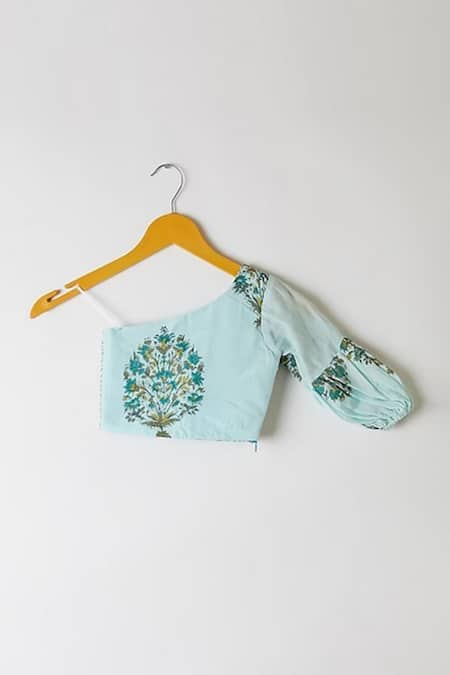 YUVRAANI JAIPUR_Blue Muslin Zari, Tassels Embroidered One Shoulder Top And Skirt _Online_at_Aza_Fashions