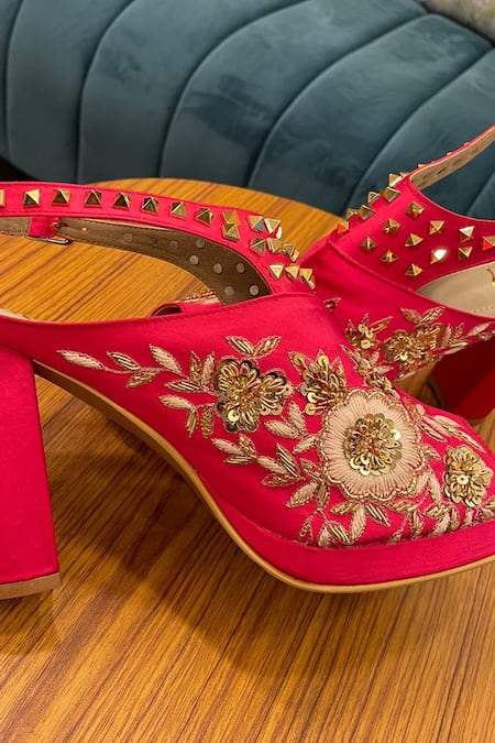 Tiesta_Pink Embroidery, Studs Nigaar Block Heels _Online_at_Aza_Fashions