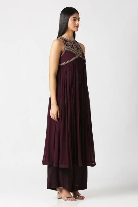 Labbada Purple Kurta Viscose Georgette Hand Embroidered Yoke Gathered And Palazzo Set Online at Aza Fashions Labbada_Purple Kurta Viscose Georgette Hand Embroidered Yoke Gathered And Palazzo Set_Online_at_Aza_Fashions