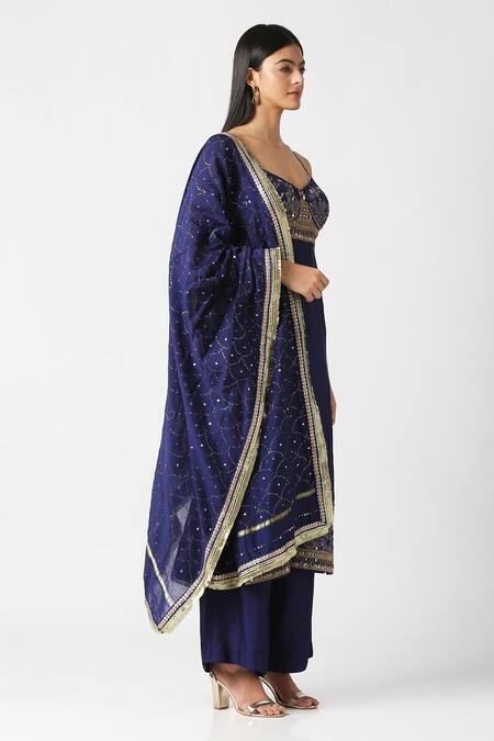 Labbada Blue Kurta Pure Silk Hand Embroidered Marodi Sweetheart Neck Palazzo Set Online at Aza Fashions Labbada_Blue Kurta Pure Silk Hand Embroidered Marodi Sweetheart Neck Palazzo Set_Online_at_Aza_Fashions