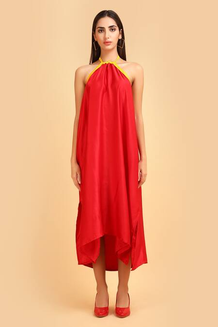 Label Ivish_Red Silk Halter Neck Gathered Dress _Online_at_Aza_Fashions
