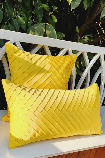 Throwpillow_Yellow Blend Of Cotton And Polyester Pleated Cushion Pillowcase_Online_at_Aza_Fashions