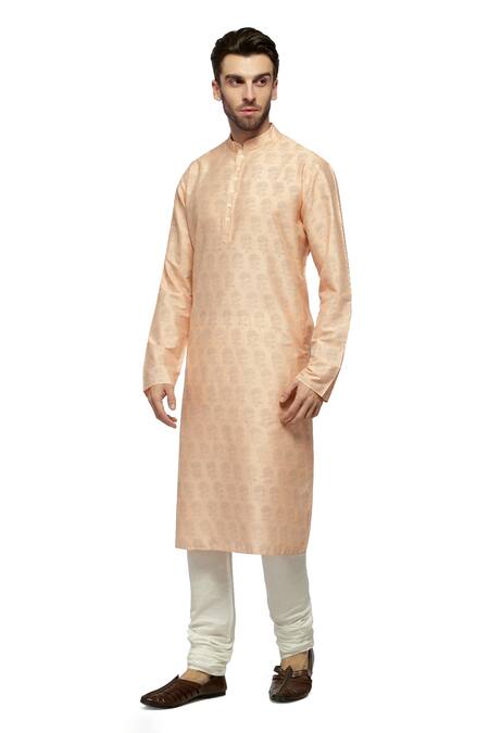 A!A By Abrar Ali_Peach Silk Katan Printed Floral Kurta And Churidar Set_Online_at_Aza_Fashions
