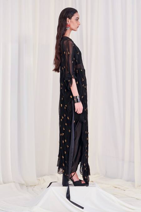 AK-OK Black Silk Sequins Round Neck, Embroidered Dress And Crop Top Set Online at Aza Fashions AK-OK_Black Silk Sequins Round Neck, Embroidered Dress And Crop Top Set _Online_at_Aza_Fashions