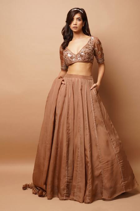 Ahi Clothing_Gold Organza, Hemp Sequins, Zari V-neck Hand Embroidered Blouse Lehenga Set _Online_at_Aza_Fashions