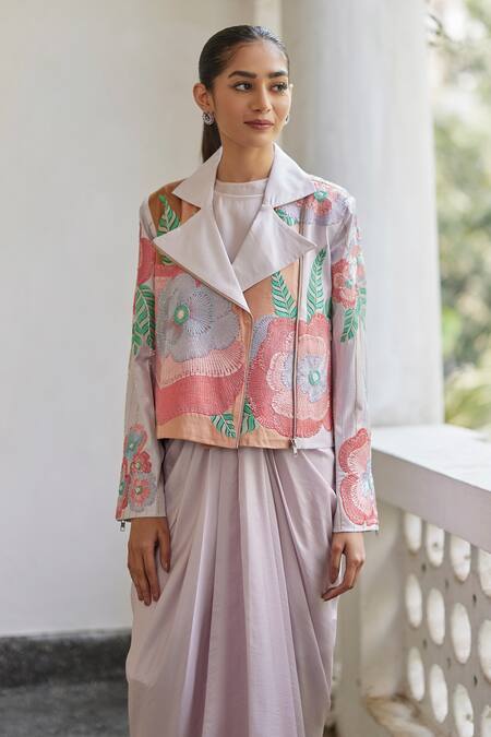 Betrue_Purple Twill, Silk Sequins Collared Floral Embroidered Jacket _Online_at_Aza_Fashions