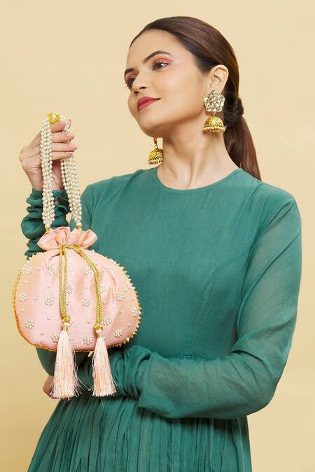 Nazaakat By Samara Singh Peach Embroidery, Beads Floral Pearl Embellished Potli Online at Aza Fashions Nazaakat By Samara Singh_Peach Embroidery, Beads Floral Pearl Embellished Potli _Online_at_Aza_Fashions