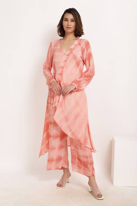 Ranng Label_Orange Natural Crepe Tie-dye V Neck Tie Dye Tunic And Palazzo Set _Online_at_Aza_Fashions