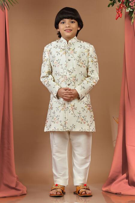 Kora By Nilesh Mitesh_Off White Silk Embroidery, Sequins Resham Sherwani Set_Online_at_Aza_Fashions