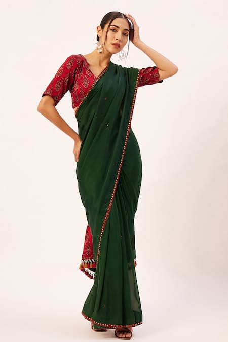 Zariya The Label Green Silk, Modal, Placed Handblock Print Patch Pre-draped Saree With Blouse Online at Aza Fashions Zariya The Label_Green Silk, Modal, Placed Handblock Print Patch Pre-draped Saree With Blouse_Online_at_Aza_Fashions