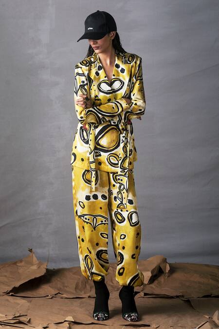 AK-OK Yellow Silk Embroidery, Mirrors Printed Blazer And Pant Set Online at Aza Fashions AK-OK_Yellow Silk Embroidery, Mirrors Printed Blazer And Pant Set _Online_at_Aza_Fashions