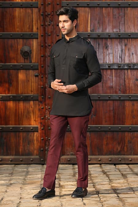 Raw & Rustic By Niti Bothra_Black Linen, Cotton Solid Shirt Kurta _Online_at_Aza_Fashions