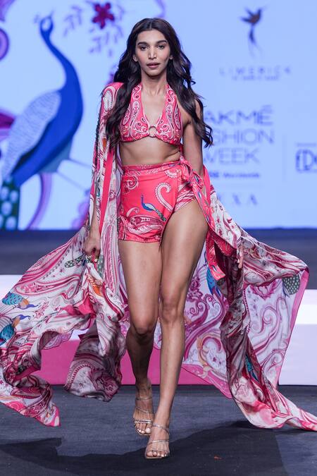 Limerick By Abirr N' Nanki_Multi Color Polyester, Spandex Halter Ofir Peacock Print Bikini Set With Skirt _Online_at_Aza_Fashions