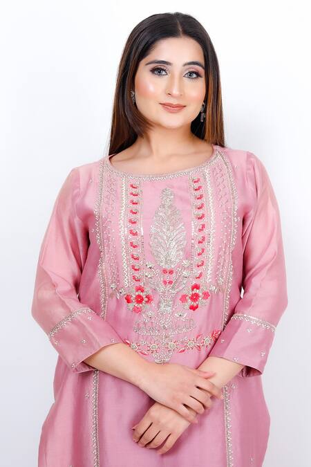 Geetika Jain_Purple Chanderi, Georgette, Silk Organza Sequins, Embroidery Straight Kurta Set _Online_at_Aza_Fashions