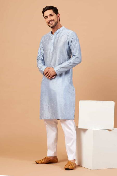 Hilo Design_Blue Cotton, Silk, Lycra Embroidery Viva Dot Kurta Set _Online_at_Aza_Fashions