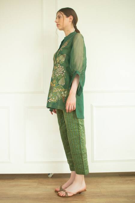 Oja_Green Handloom Silk Applique Mandarin Collar Embroidered Tunic And Pant Set _Online_at_Aza_Fashions
