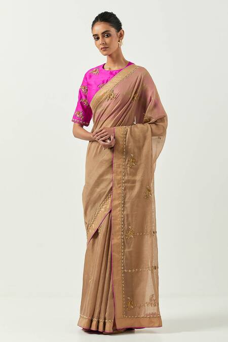 Label Earthen_Gold Tissue Embroidery Round Neck Surmai Gulab Saree With Blouse _Online_at_Aza_Fashions