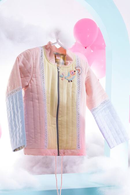 Little Luxury_Multi Color Cotton, Twill Lace, Embroidery Block Bomber Jacket _Online_at_Aza_Fashions