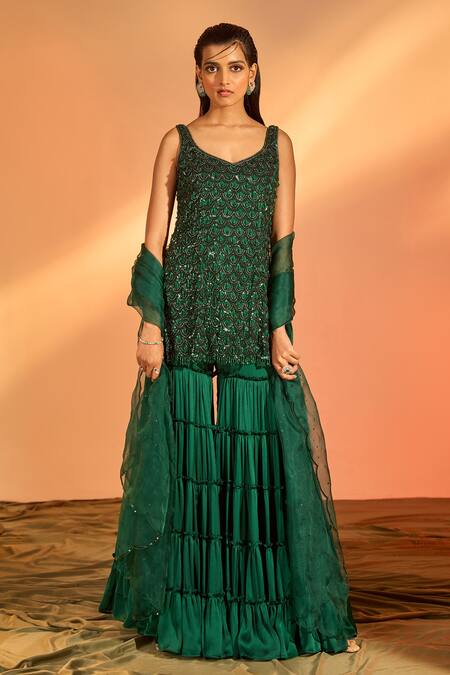 J By Jannat Green Satin Chiffon Hand Embroidery Sequin Scallop Kurta Sharara Set Online at Aza Fashions J By Jannat_Green Satin Chiffon Hand Embroidery Sequin Scallop Kurta Sharara Set _Online_at_Aza_Fashions