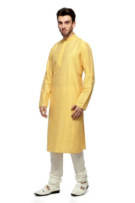A!A By Abrar Ali_Yellow Silk Katan Printed Floral Jaal Kurta With Churidar_Online_at_Aza_Fashions